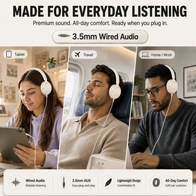 Alt view image 7 of 7 - Wired Over-Ear Headphones with Cord Mic,1.4M Tangle-Free,Stereo Bass Milk Adjustable Headband Foldable Portable Lightweight Headset for Office/Tablet/Smartphone/Laptop/Travel/Music,Aux 3.5mm