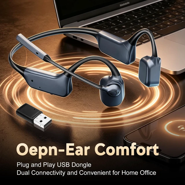 Alt view image 7 of 7 - Bone Conduction Headphones with Mic Boom, Open Ear Wireless Bluetooth Headset with USB Dongle for PC, AI Noise Cancelling Microphone, Wireless Headset for Office Call Remote Work Driving Sports