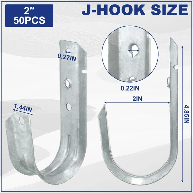 Alt view image 4 of 6 - 50 J Hooks for Hanging Heavy Duty J Hooks, 2 Inch Galvanized Steel Cable Support, Wall Mount Cable J Hooks for Wire Management, Ul Certification, G60, Wire Arrangement