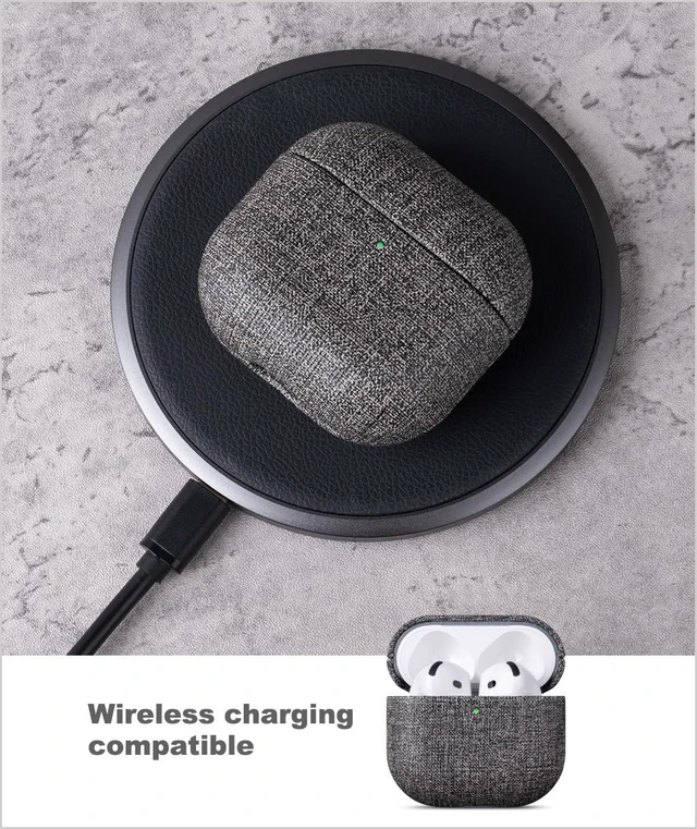 Alt view image 6 of 7 - Case for AirPods 5 / AirPods 4 Canvas Style Vegan Leather Case - Gray Handmade Protective Hard Shell Cover - PU Leather & PC Dual Layer Protection - Air Pods 5th Generation Case Cover - Black