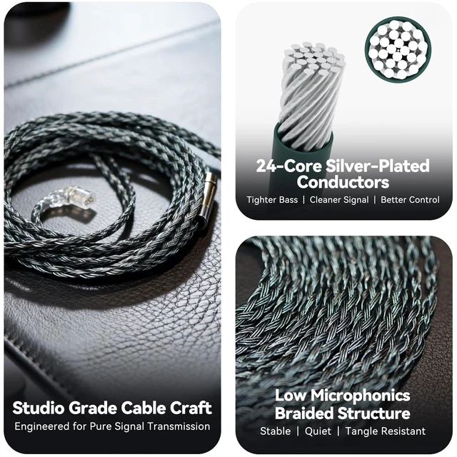 Alt view image 5 of 7 - Tipsy Melody 3 IEM Upgrade Cable, 6.5ft (2m) Long, Enhanced Mids & Bass, 24-Core Silver-Plated, Deep Green (0.78mm- Recessed 2 Pin)