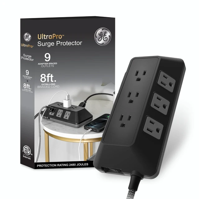 Main image of Sur Protector Power Strip, 8 Ft Long Braided Extension Cord 9 Outlet Extender, 2480 Joules, Flat Plug, Wall Mount, ETL Safety Listed, Black, 73774