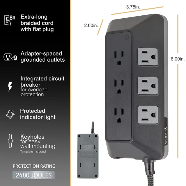Alt view image 3 of 7 - Sur Protector Power Strip, 8 Ft Long Braided Extension Cord 9 Outlet Extender, 2480 Joules, Flat Plug, Wall Mount, ETL Safety Listed, Black, 73774