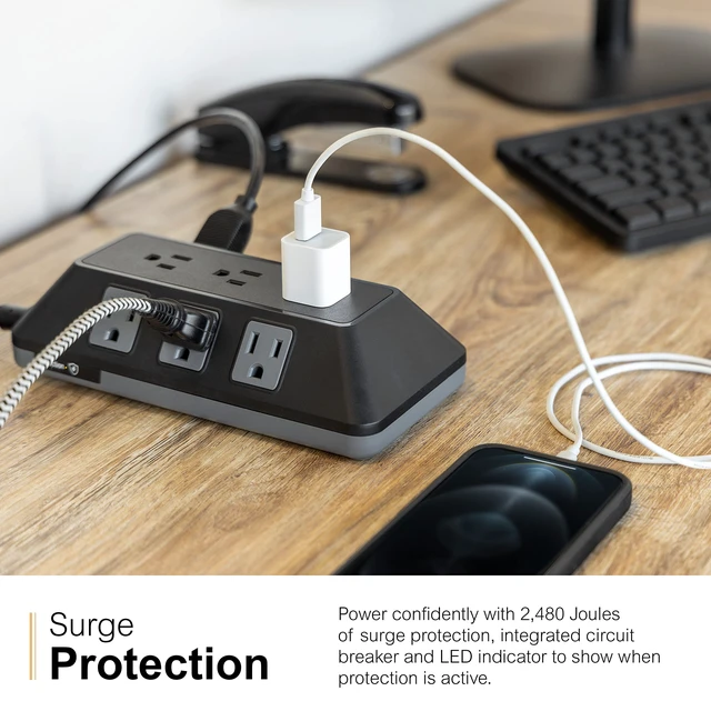 Alt view image 6 of 7 - Sur Protector Power Strip, 8 Ft Long Braided Extension Cord 9 Outlet Extender, 2480 Joules, Flat Plug, Wall Mount, ETL Safety Listed, Black, 73774