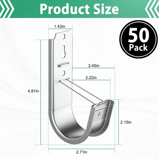 Alt view image 4 of 7 - 50 Pack 2 Inch Cable Support J Hook Wall Mount J Hook with Retainer Clip, Galvanized Steel for Cable Management & Organization Solution