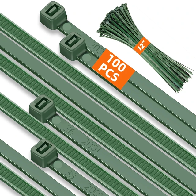 Main image of PA66 12 Inch Green Zip Ties 100 Pack Heavy Duty Plastic Wire Ties 4.8 MM Wide, 55lb Strength, UV Resistant, Self-locking Nylon Cable Ties for Garden Plants Floral Arrangements Holiday Lights