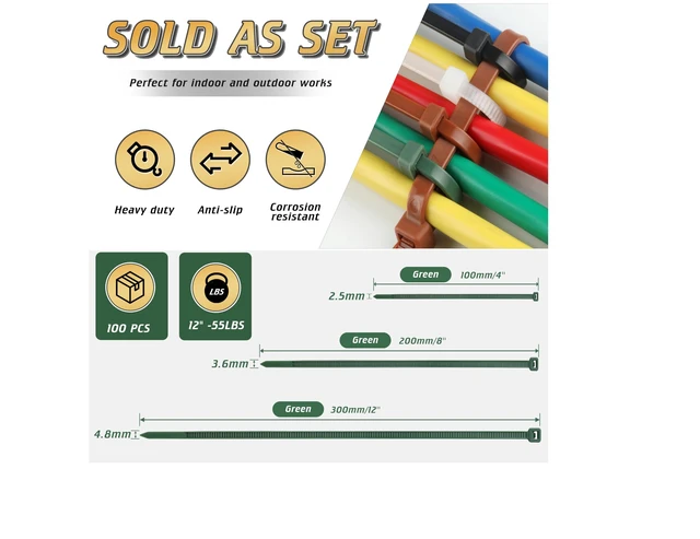Alt view image 4 of 7 - PA66 12 Inch Green Zip Ties 100 Pack Heavy Duty Plastic Wire Ties 4.8 MM Wide, 55lb Strength, UV Resistant, Self-locking Nylon Cable Ties for Garden Plants Floral Arrangements Holiday Lights