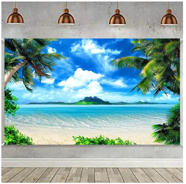 Alt view image 3 of 7 - Summer Beach Theme Photo Background Hawaii Coconut Tree Banquet Scene Photography Background Wedding Party Decorative Banner Photo Props 9x6ft