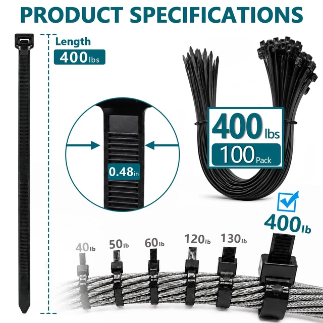 Alt view image 2 of 7 - 24 Inch Zip Ties,100 Pcs Black Self Locking Cable Zip Heavy Duty 12mm Wide UV Resistant Nylon 66 Wire Ties for Outdoor Cable Management, Fence, Tarps, Garden