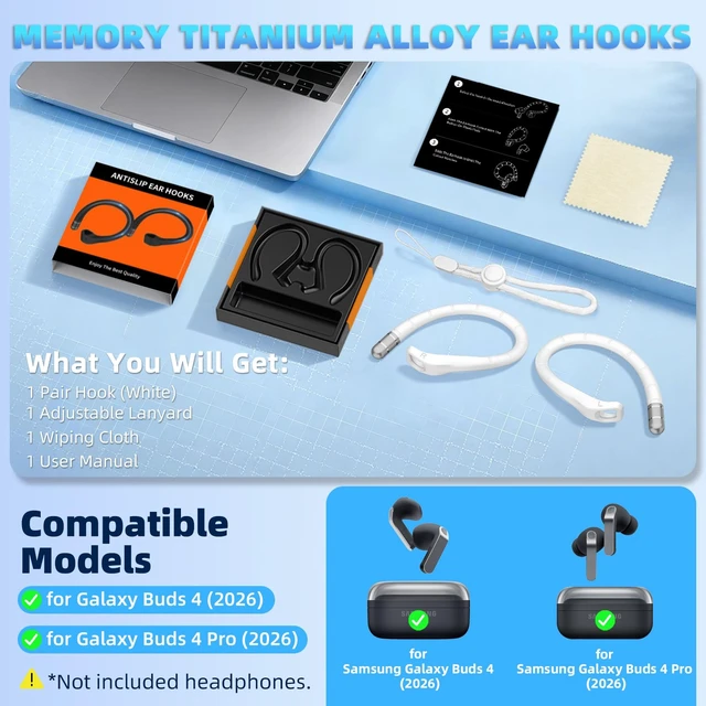 Alt view image 2 of 7 - Anti-Slip Earpads Ear Hooks for Samsung Galaxy Buds 4 Pro & Galaxy Buds 4 (2026), Comfortable Fit Sports Anti-Loss Memory Titanium Alloy Ear Hooks Compatible for Samsung Buds 4 w/Lanyard (White)