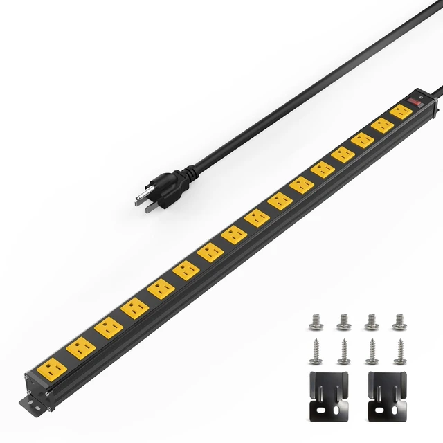 Main image of Long Power Strip, 16 Outlet Strip, Widely Spaced, 6FT Cord Wall Mount, 1.97 In Wide Spacing, Aluminum Housing, 15A/1875W, Surge Protection, ETL Listed for Garage, Workshop, Classroom