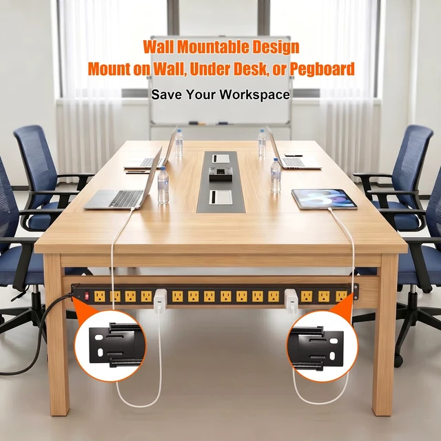 Alt view image 4 of 7 - Long Power Strip, 16 Outlet Strip, Widely Spaced, 6FT Cord Wall Mount, 1.97 In Wide Spacing, Aluminum Housing, 15A/1875W, Surge Protection, ETL Listed for Garage, Workshop, Classroom