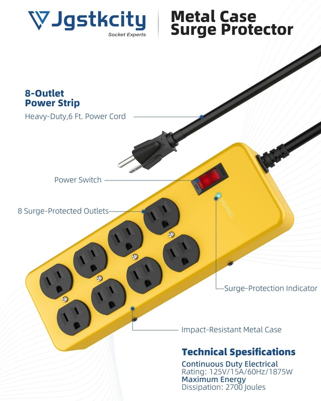 Alt view image 5 of 7 - Heavy Duty Power Strip,Industrial Heavy Metal Case Surge Protector,8 AC Outlets,15Amp,2700 Joules,Protected' Indicator,14 Gauge Cord (Yellow, 6FT Length)