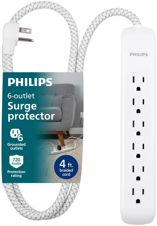 Main image of Surge Protector Power Strip, 4 Ft Braided Extension Cord 6 Outlet Extender, 720 Joules, Flat Plug, Wall Mount, Home Office Dorm Essentials, ETL Safety Certified, White, SPC3064WE/37