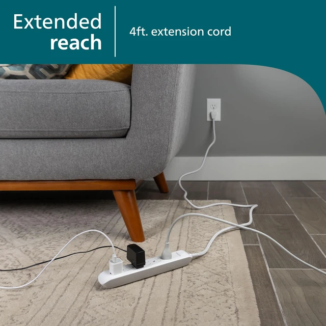 Alt view image 4 of 7 - Surge Protector Power Strip, 4 Ft Braided Extension Cord 6 Outlet Extender, 720 Joules, Flat Plug, Wall Mount, Home Office Dorm Essentials, ETL Safety Certified, White, SPC3064WE/37