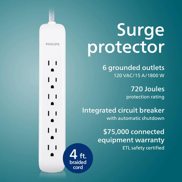 Alt view image 2 of 7 - Surge Protector Power Strip, 4 Ft Braided Extension Cord 6 Outlet Extender, 720 Joules, Flat Plug, Wall Mount, Home Office Dorm Essentials, ETL Safety Certified, White, SPC3064WE/37
