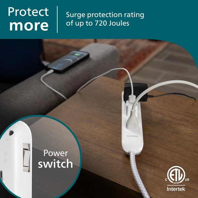 Alt view image 6 of 7 - Surge Protector Power Strip, 4 Ft Braided Extension Cord 6 Outlet Extender, 720 Joules, Flat Plug, Wall Mount, Home Office Dorm Essentials, ETL Safety Certified, White, SPC3064WE/37