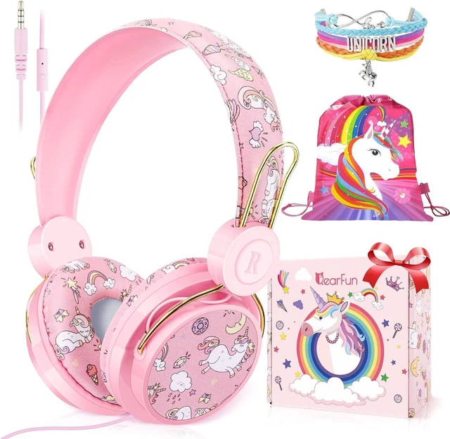Main image of Sparkly Unicorn Kids Headphones with Cord with Mic, Over Ear Kids Wired Headphones, HD stereo sound, foldable fit, tangle-free cord for girls, school, travel, tablet, gifts