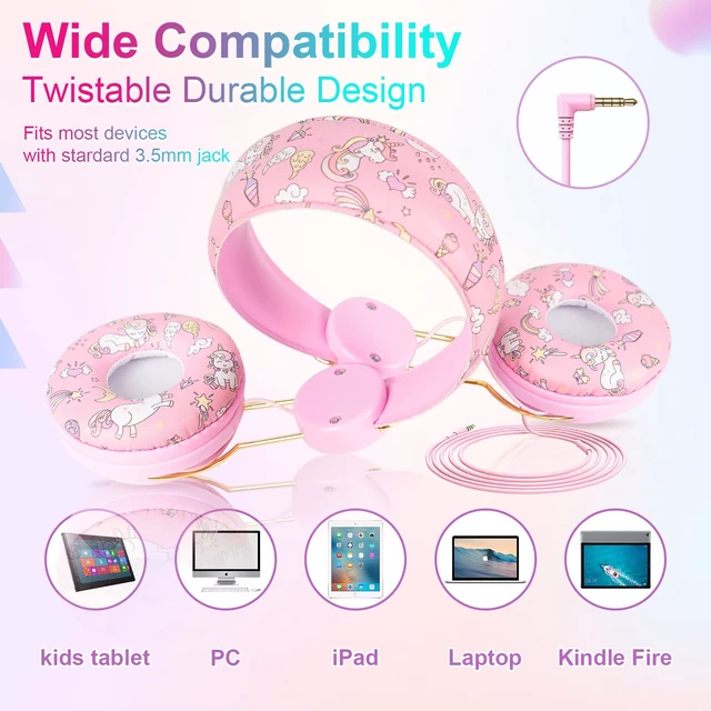 Alt view image 3 of 6 - Sparkly Unicorn Kids Headphones with Cord with Mic, Over Ear Kids Wired Headphones, HD stereo sound, foldable fit, tangle-free cord for girls, school, travel, tablet, gifts