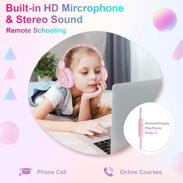Alt view image 4 of 6 - Sparkly Unicorn Kids Headphones with Cord with Mic, Over Ear Kids Wired Headphones, HD stereo sound, foldable fit, tangle-free cord for girls, school, travel, tablet, gifts