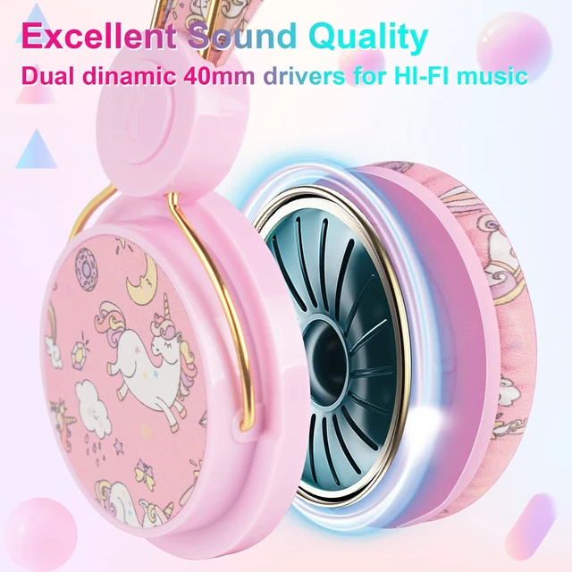 Alt view image 5 of 6 - Sparkly Unicorn Kids Headphones with Cord with Mic, Over Ear Kids Wired Headphones, HD stereo sound, foldable fit, tangle-free cord for girls, school, travel, tablet, gifts