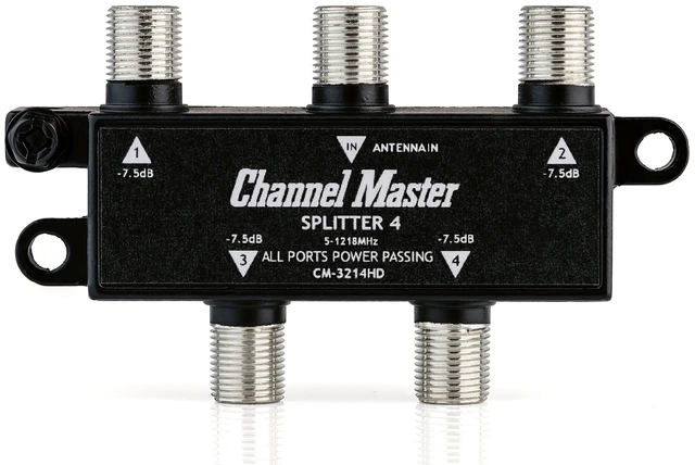 Main image of Splitter 4 4-Way Splitter Distributes Digital HDTV Antenna Signal to 4 TVs, One Input and Four Outputs, Power Passing for Preamplifiers and Boosters, Low-Loss Design, Indoor/Outdoor