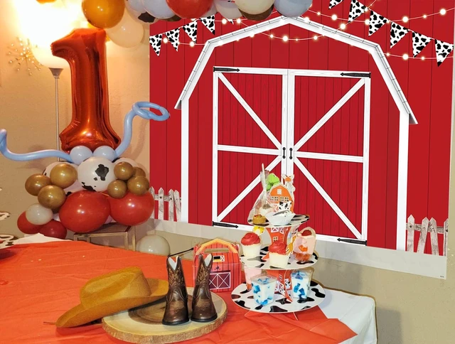 Alt view image 3 of 6 - Red Barn Door Wooden Farmhouse Backdrop 8×6FT Red Barn Door Photography Backdrop Rustic Country Scene Farm Party Decoration Photo Props