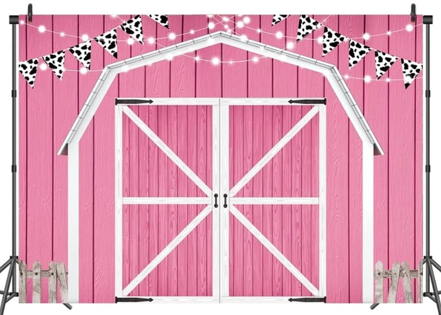 Main image of Pink Barn Door Wooden Farmhouse Backdrop 8×6FT Pink Barn Door Photography Backdrop Rustic Country Scene Farm Party Decoration Photo Props