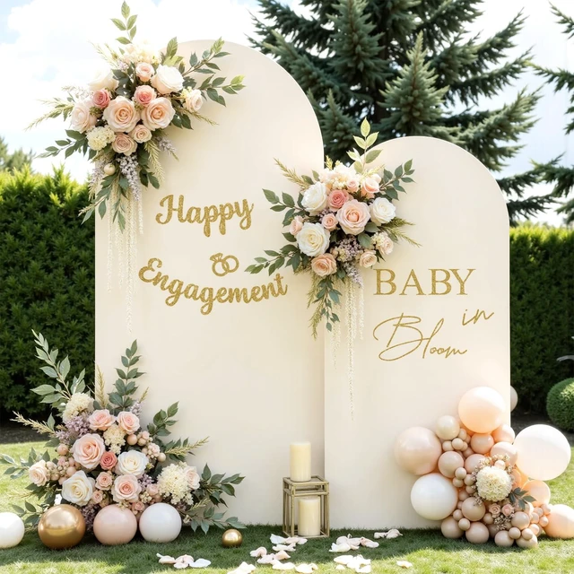 Main image of Set of 2 Arch Backdrop Cover 7.2FT, 6FT Beige and Baby in Bloom and Happy Engagement Decal Sign - Adjustable Wedding Arch Cover Spandex for Wedding Birthday Baby Shower Banquet Decoration