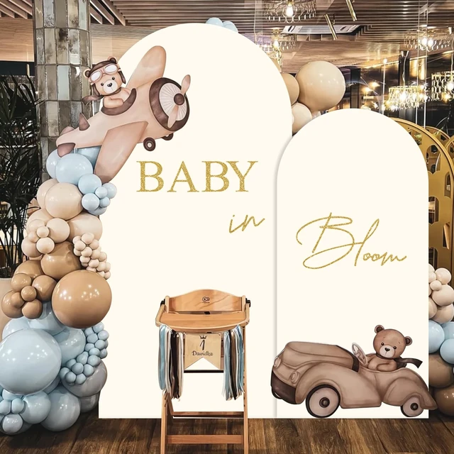 Alt view image 5 of 6 - Set of 2 Arch Backdrop Cover 7.2FT, 6FT Beige and Baby in Bloom and Happy Engagement Decal Sign - Adjustable Wedding Arch Cover Spandex for Wedding Birthday Baby Shower Banquet Decoration