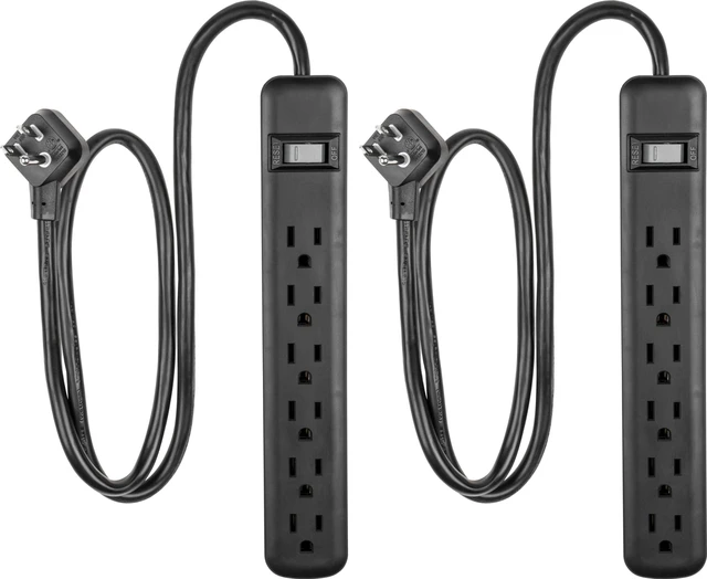 Main image of Sur Protector Power Strip, 2 Pack, 3 Ft Extension Cord 6 Outlet Extender, 450 Joules, Flat Plug, Wall Mount, On Off Switch, Heavy Duty, ETL Safety Listed, Black, 83969