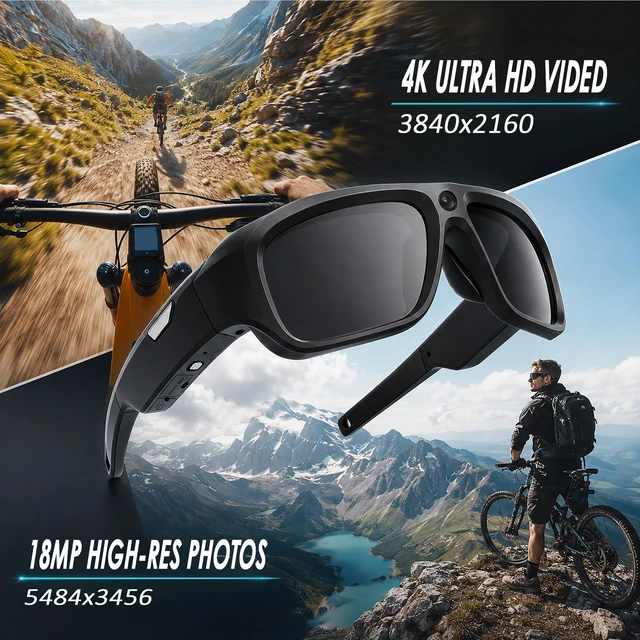 Alt view image 2 of 7 - 4K Camera Glasses with 64GB Card, 30FPS Smart Video Recording Sunglasses Safety Glasses with Camera,Up to 90-Min Battery,UV400,Type-C Rechargeable POV Camera for Men Women,Cycling & Hiking