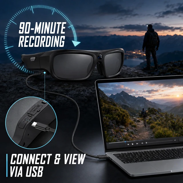 Alt view image 5 of 7 - 4K Camera Glasses with 64GB Card, 30FPS Smart Video Recording Sunglasses Safety Glasses with Camera,Up to 90-Min Battery,UV400,Type-C Rechargeable POV Camera for Men Women,Cycling & Hiking