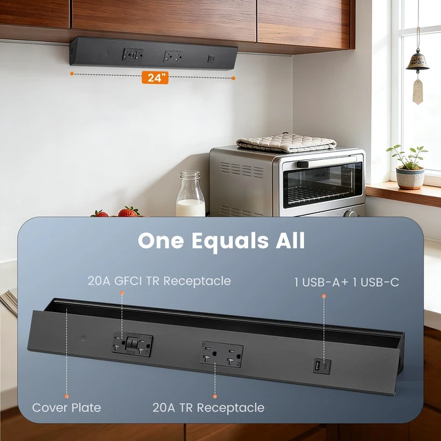Alt view image 3 of 7 - 24 in Under Cabinet Outlet Strip, GFCI Outlet, 2500W Rating 2×20A TR Outlets with USB-A & USB-C, Modular Extension System (No Cutting), 125V 20A, ETL Listed