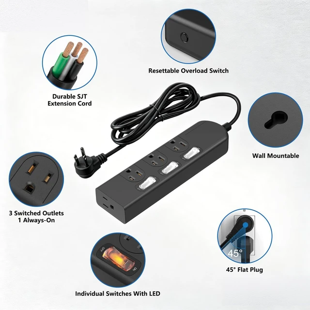 Alt view image 4 of 7 - 4 Outlets Small Power Strip with 3 Individual Switches,1500W/12A, 6FT Wall Mount, Overload Protection Switch, 16AWG Flat Plug Extension Cord,Wide-Spaced,for Aquarium, Home, Office, School Black
