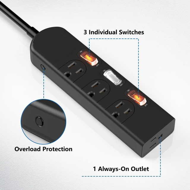 Alt view image 2 of 7 - 4 Outlets Small Power Strip with 3 Individual Switches,1500W/12A, 6FT Wall Mount, Overload Protection Switch, 16AWG Flat Plug Extension Cord,Wide-Spaced,for Aquarium, Home, Office, School Black