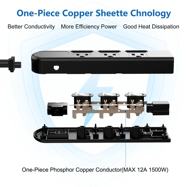 Alt view image 5 of 7 - 4 Outlets Small Power Strip with 3 Individual Switches,1500W/12A, 6FT Wall Mount, Overload Protection Switch, 16AWG Flat Plug Extension Cord,Wide-Spaced,for Aquarium, Home, Office, School Black