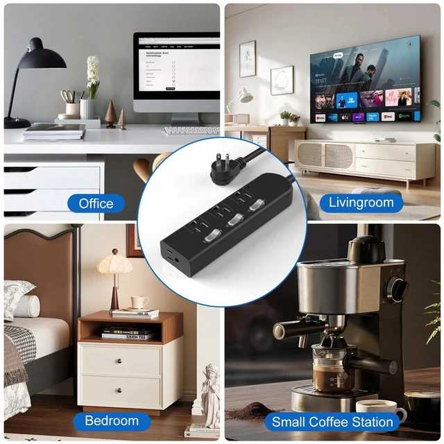 Alt view image 6 of 7 - 4 Outlets Small Power Strip with 3 Individual Switches,1500W/12A, 6FT Wall Mount, Overload Protection Switch, 16AWG Flat Plug Extension Cord,Wide-Spaced,for Aquarium, Home, Office, School Black