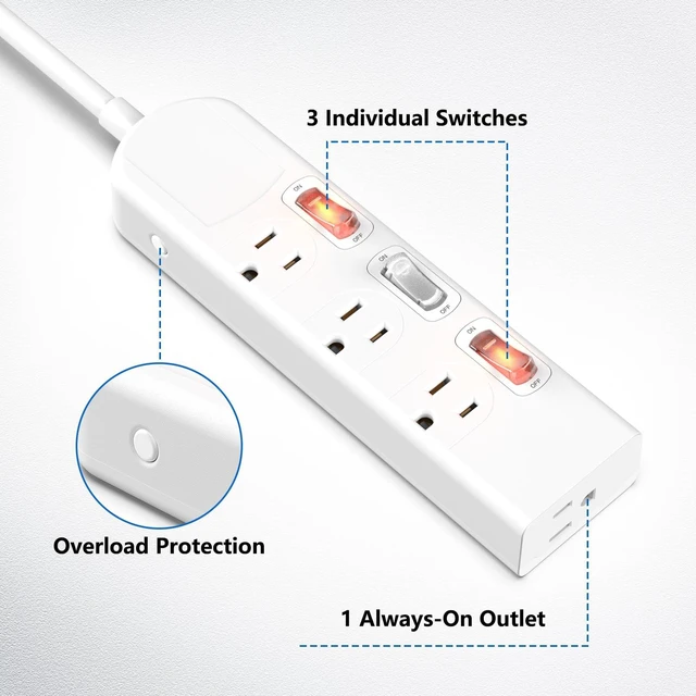 Alt view image 2 of 7 - 4 Outlets Small Power Strip with 3 Individual Switches,1500W/12A, 6FT Wall Mount, Overload Protection Switch, 16AWG Flat Plug Extension Cord,Wide-Spaced,for Aquarium, Home, Office, School White