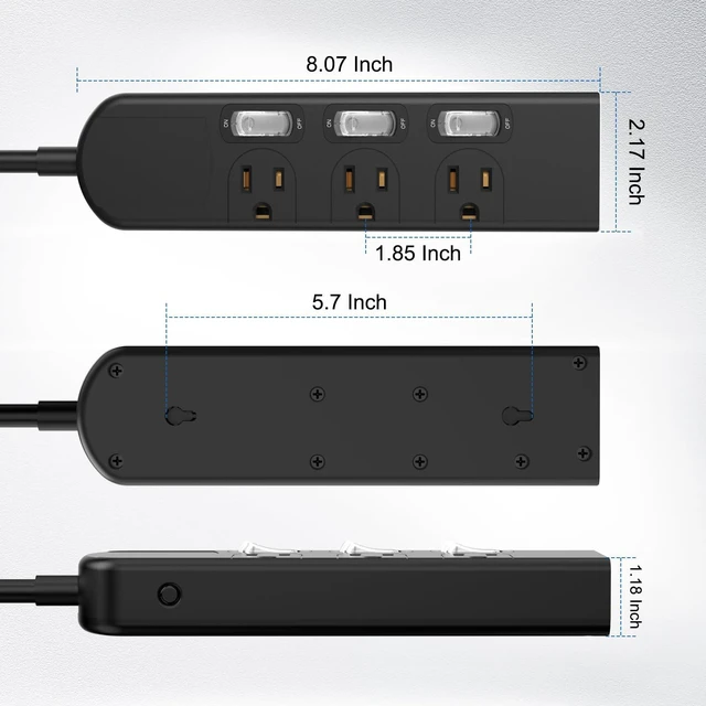 Alt view image 7 of 7 - 4 Outlets Small Power Strip with 3 Individual Switches,1500W/12A, 6FT Wall Mount, Overload Protection Switch, 16AWG Flat Plug Extension Cord,Wide-Spaced,for Aquarium, Home, Office, School Black