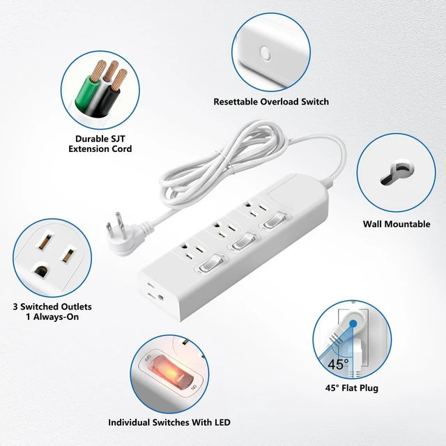 Alt view image 3 of 7 - 4 Outlets Small Power Strip with 3 Individual Switches,1500W/12A, 6FT Wall Mount, Overload Protection Switch, 16AWG Flat Plug Extension Cord,Wide-Spaced,for Aquarium, Home, Office, School White