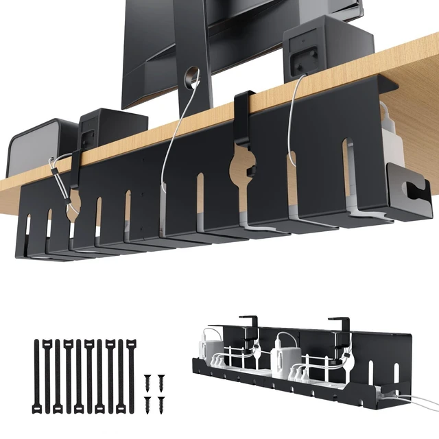 Main image of Under Desk Cable Management Tray 32 in, Metal Cable Holder, Black Open Frame Cable Raceways, No Drill Clamp/Screw Mount, Cord Organizer for Home Office & Standing Desk