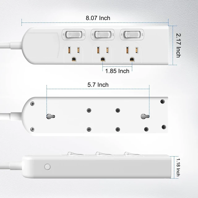 Alt view image 7 of 7 - 4 Outlets Small Power Strip with 3 Individual Switches,1500W/12A, 6FT Wall Mount, Overload Protection Switch, 16AWG Flat Plug Extension Cord,Wide-Spaced,for Aquarium, Home, Office, School White