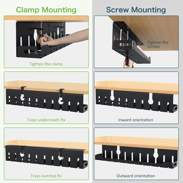 Alt view image 2 of 7 - Under Desk Cable Management Tray 32 in, Metal Cable Holder, Black Open Frame Cable Raceways, No Drill Clamp/Screw Mount, Cord Organizer for Home Office & Standing Desk