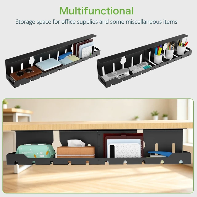 Alt view image 4 of 7 - Under Desk Cable Management Tray 32 in, Metal Cable Holder, Black Open Frame Cable Raceways, No Drill Clamp/Screw Mount, Cord Organizer for Home Office & Standing Desk