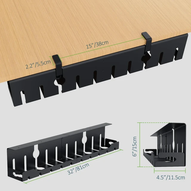 Alt view image 5 of 7 - Under Desk Cable Management Tray 32 in, Metal Cable Holder, Black Open Frame Cable Raceways, No Drill Clamp/Screw Mount, Cord Organizer for Home Office & Standing Desk