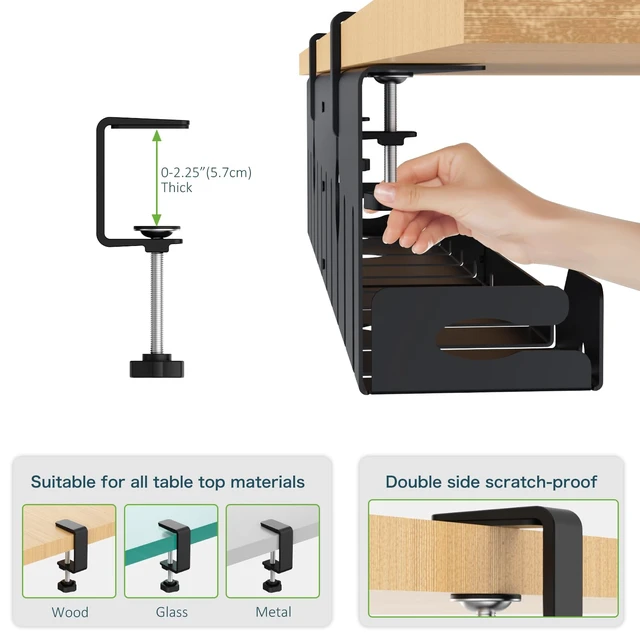 Alt view image 7 of 7 - Under Desk Cable Management Tray 32 in, Metal Cable Holder, Black Open Frame Cable Raceways, No Drill Clamp/Screw Mount, Cord Organizer for Home Office & Standing Desk