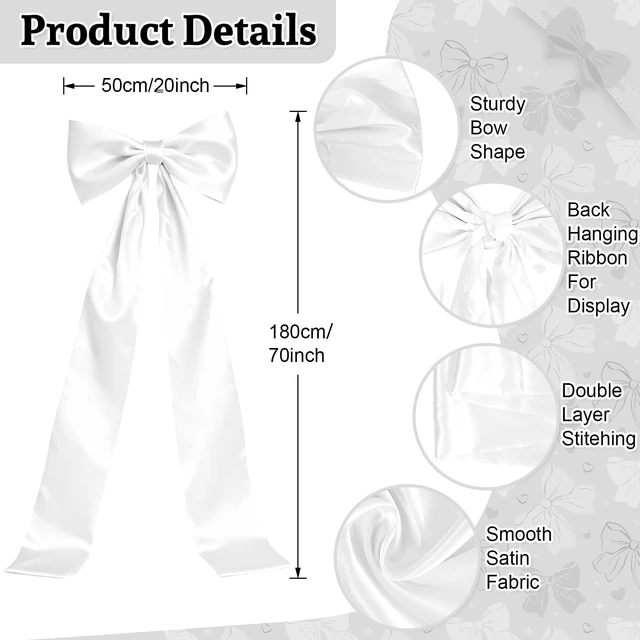 Alt view image 2 of 7 - Extra Long Satin White Bow, 70x20 Inch Coquette Room Wall Decor Large Bow Backdrop For Girls Room, Coquette Decor For Valentine's Day Bachelorette Bridal Shower Wedding Birthday
