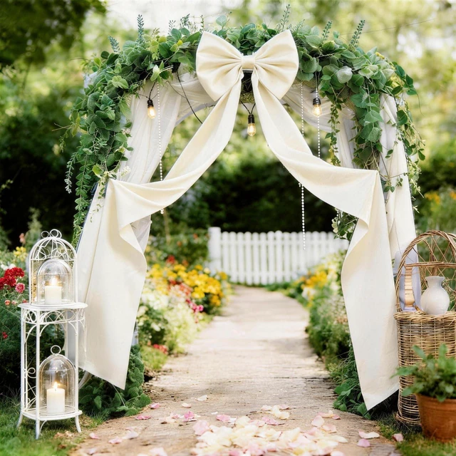 Main image of Extra Long Satin Ivory Bow, 70x20 Inch Cream Coquette Wall Decor Large Bow Backdrop For Girls Room, Coquette Decor For Valentine's Day Bachelorette Bridal Shower Wedding Birthday Christmas
