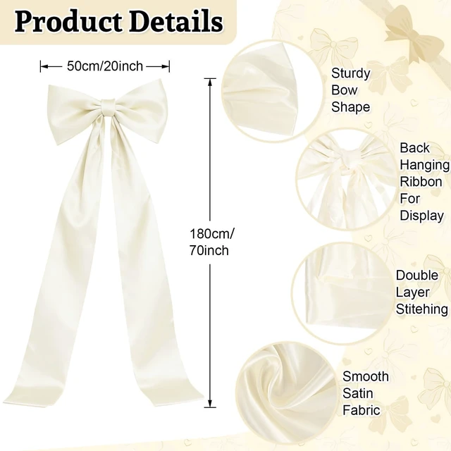 Alt view image 2 of 7 - Extra Long Satin Ivory Bow, 70x20 Inch Cream Coquette Wall Decor Large Bow Backdrop For Girls Room, Coquette Decor For Valentine's Day Bachelorette Bridal Shower Wedding Birthday Christmas